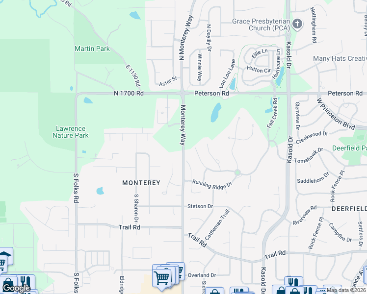 map of restaurants, bars, coffee shops, grocery stores, and more near 109 Monterey Way in Lawrence