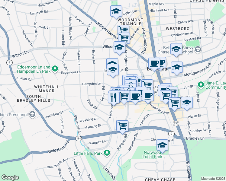 map of restaurants, bars, coffee shops, grocery stores, and more near 7205 Clarendon Road in Bethesda