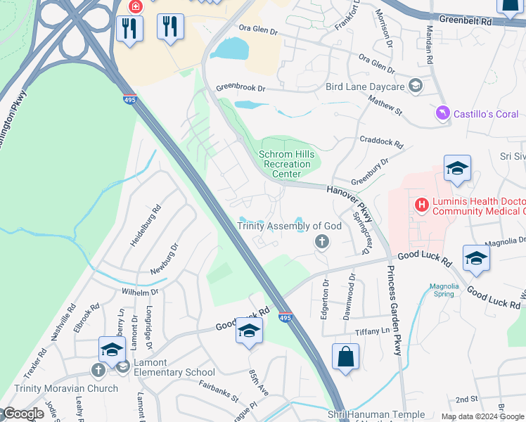 map of restaurants, bars, coffee shops, grocery stores, and more near 6622 Lake Park Drive in Greenbelt