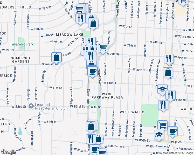 map of restaurants, bars, coffee shops, grocery stores, and more near 8080 Ward Parkway in Kansas City