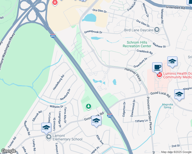 map of restaurants, bars, coffee shops, grocery stores, and more near 6612 Lake Park Drive in Greenbelt