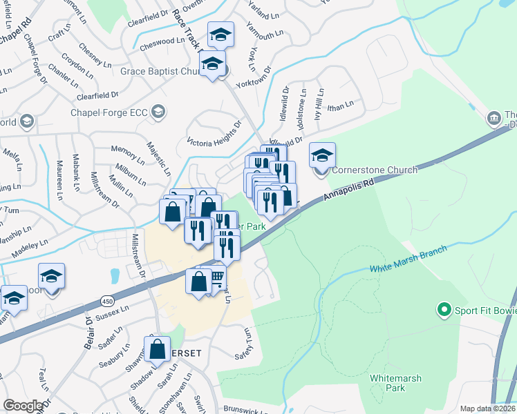 map of restaurants, bars, coffee shops, grocery stores, and more near 6824 Race Track Road in Bowie