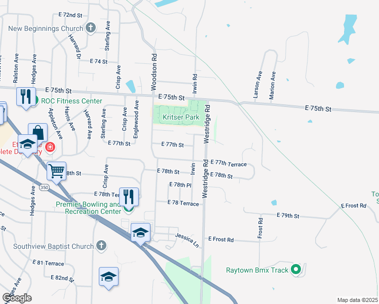 map of restaurants, bars, coffee shops, grocery stores, and more near 11804 East 77th Terrace in Raytown