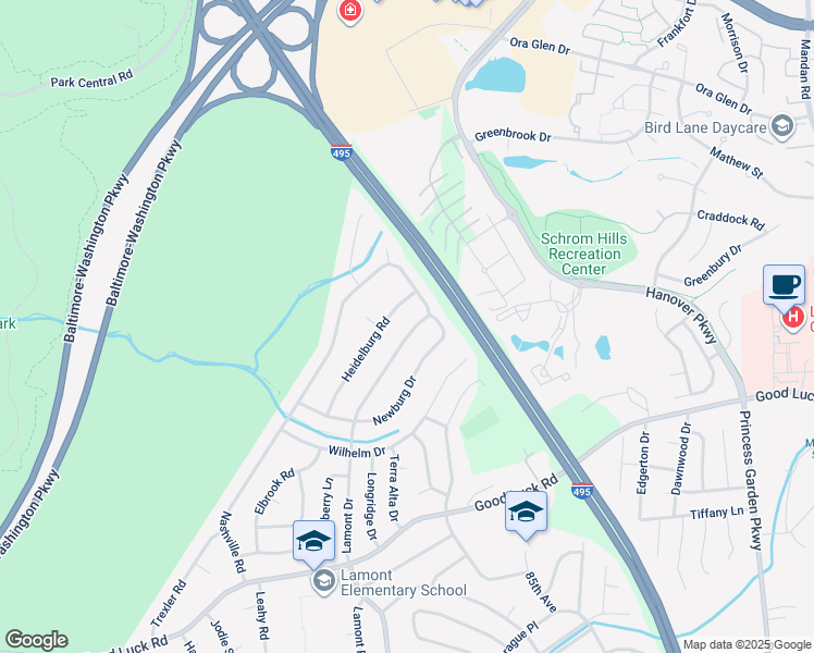 map of restaurants, bars, coffee shops, grocery stores, and more near 6936 Lamont Drive in Lanham