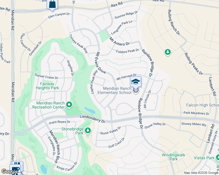 map of restaurants, bars, coffee shops, grocery stores, and more near 12546 Mount Belford Way in Peyton