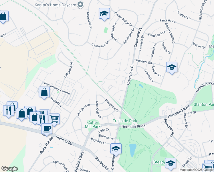 map of restaurants, bars, coffee shops, grocery stores, and more near 1119 Shannon Place in Herndon