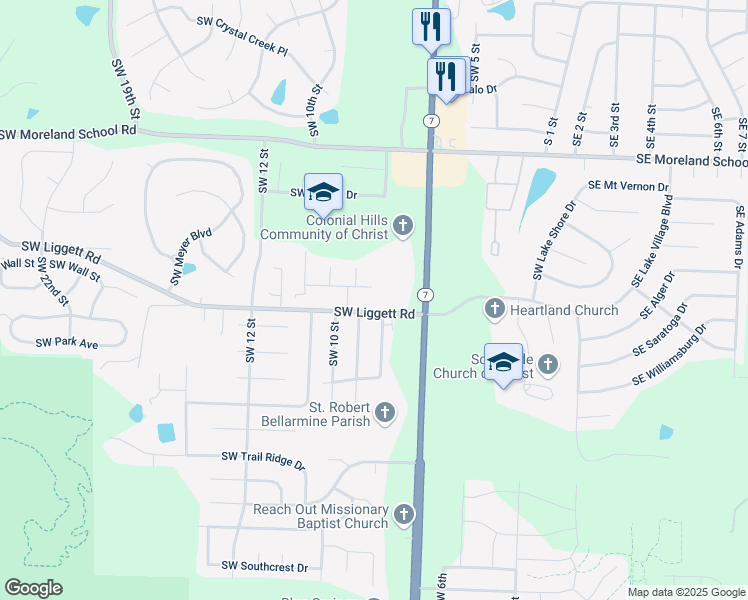map of restaurants, bars, coffee shops, grocery stores, and more near 3800 Southwest 9 Street in Blue Springs