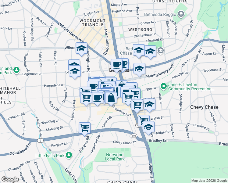 map of restaurants, bars, coffee shops, grocery stores, and more near 4800 Hampden Lane in Bethesda