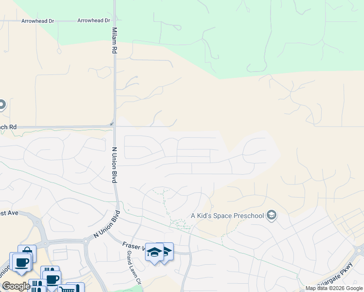 map of restaurants, bars, coffee shops, grocery stores, and more near 5121 Sirbal Dr in Colorado Springs