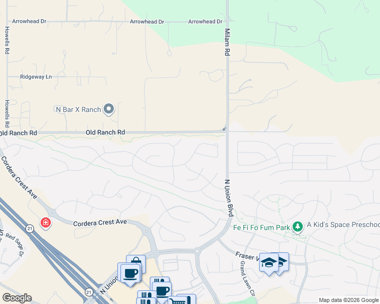 map of restaurants, bars, coffee shops, grocery stores, and more near 10562 Fall Creek Court in Colorado Springs