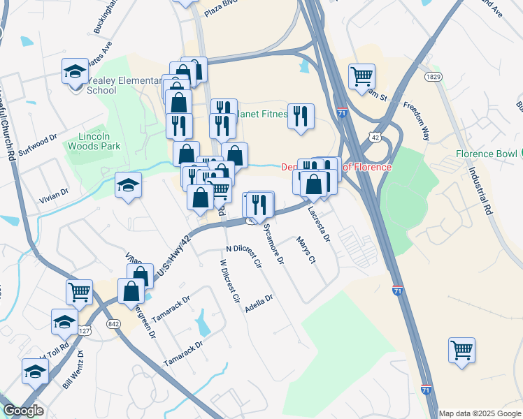 map of restaurants, bars, coffee shops, grocery stores, and more near 8211 U.S. 42 in Florence