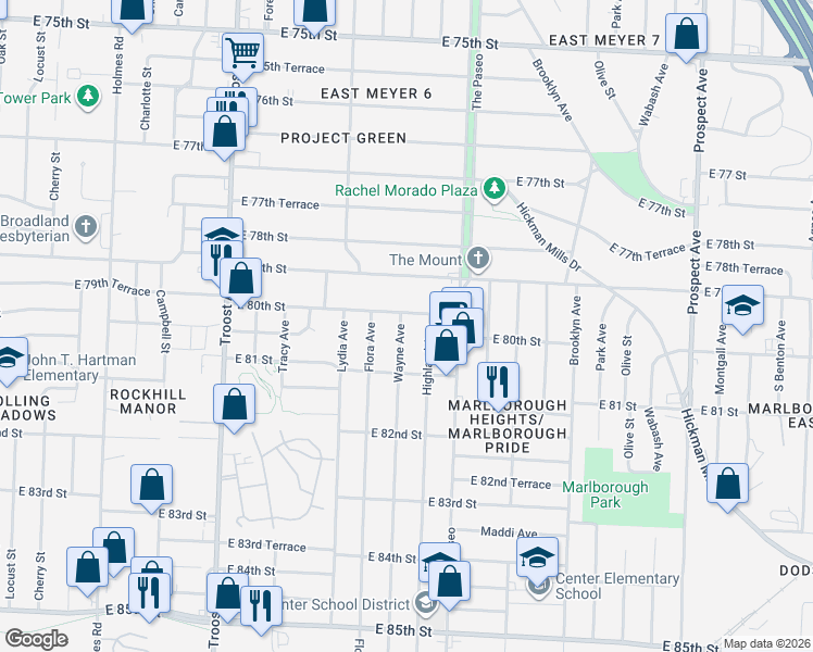 map of restaurants, bars, coffee shops, grocery stores, and more near 8023 Wayne Avenue in Kansas City