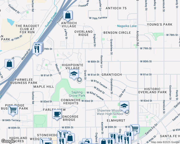 map of restaurants, bars, coffee shops, grocery stores, and more near 9409 West 81st Street in Overland Park