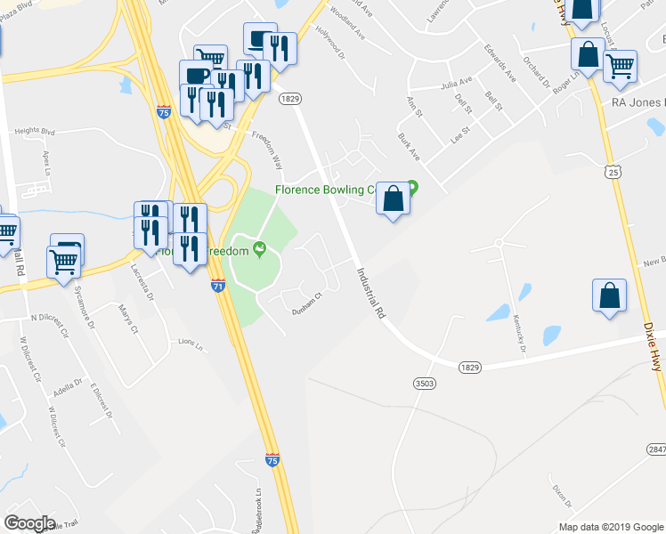 map of restaurants, bars, coffee shops, grocery stores, and more near 7498 Carole Lane in Florence