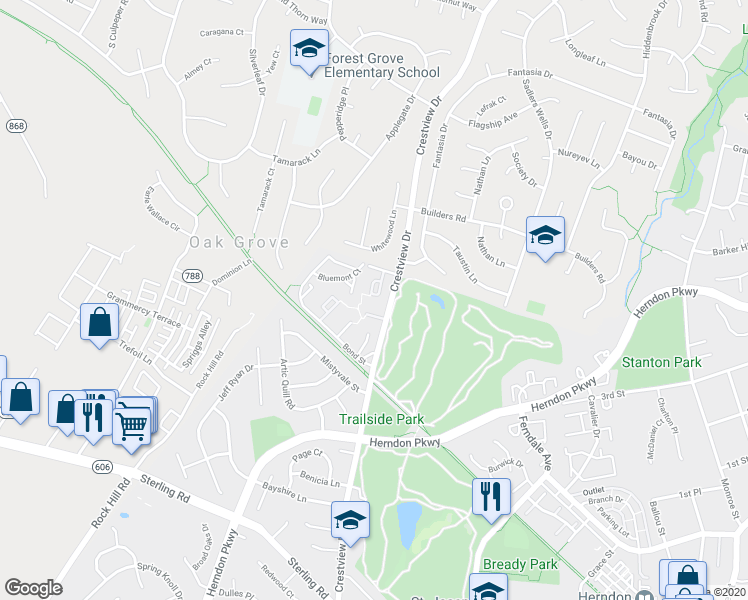 map of restaurants, bars, coffee shops, grocery stores, and more near 1151 Dublin Place in Herndon