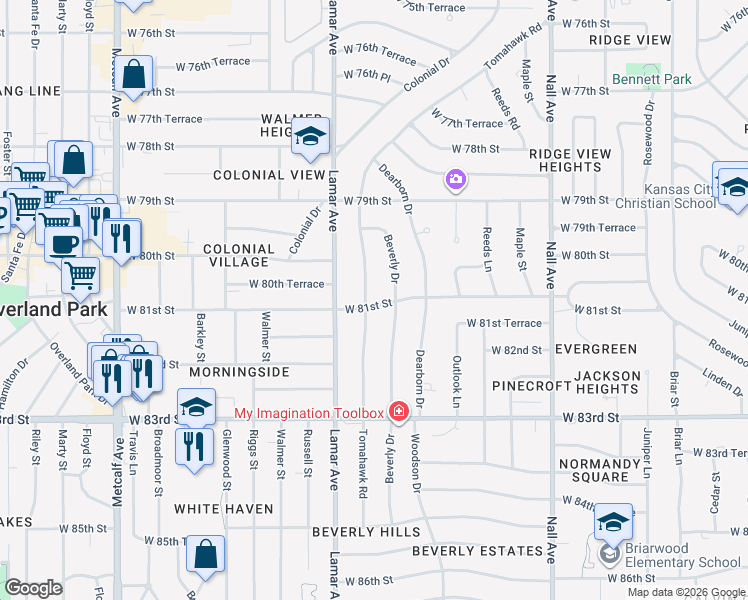map of restaurants, bars, coffee shops, grocery stores, and more near 8104 Beverly Drive in Prairie Village