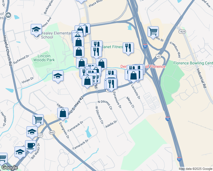 map of restaurants, bars, coffee shops, grocery stores, and more near 8138 Diane Drive in Florence