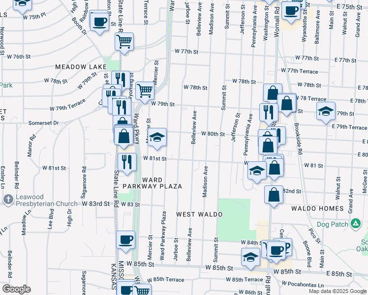 map of restaurants, bars, coffee shops, grocery stores, and more near 8024 Belleview Avenue in Kansas City