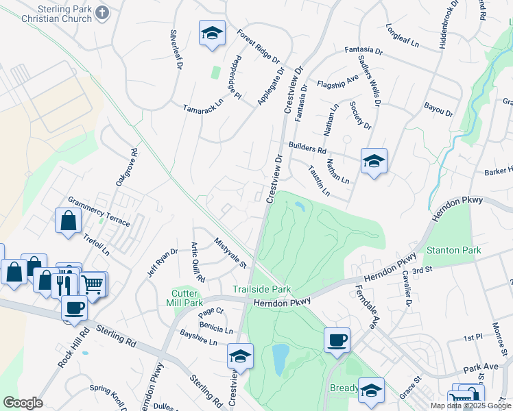 map of restaurants, bars, coffee shops, grocery stores, and more near 1151 Dublin Place in Herndon