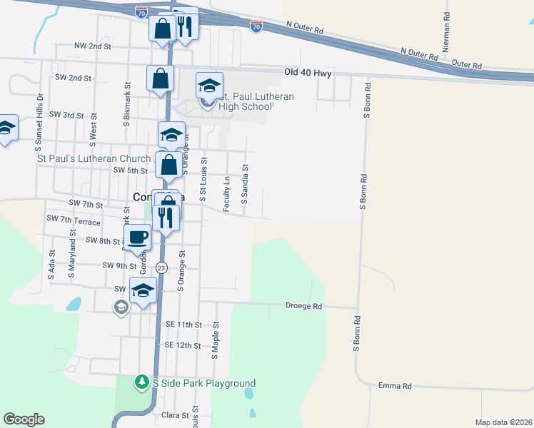map of restaurants, bars, coffee shops, grocery stores, and more near 513 South Travis Street in Concordia