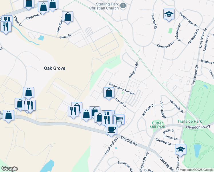 map of restaurants, bars, coffee shops, grocery stores, and more near 22892 Chestnut Oak Terrace in Sterling