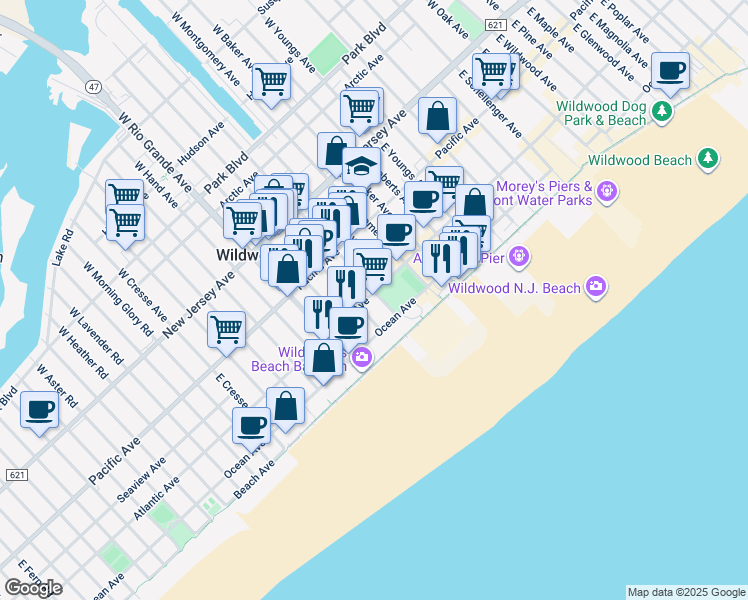 map of restaurants, bars, coffee shops, grocery stores, and more near 4601 Atlantic Avenue in Wildwood