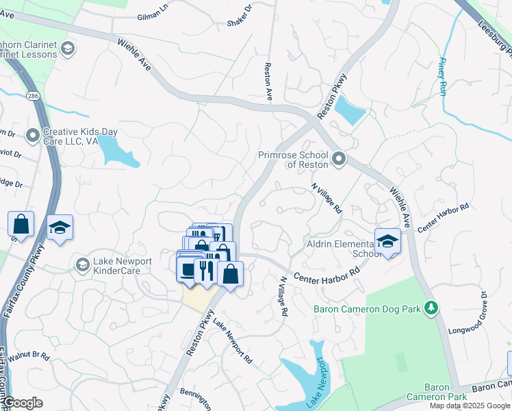 map of restaurants, bars, coffee shops, grocery stores, and more near 1468 Park Garden Lane in Reston