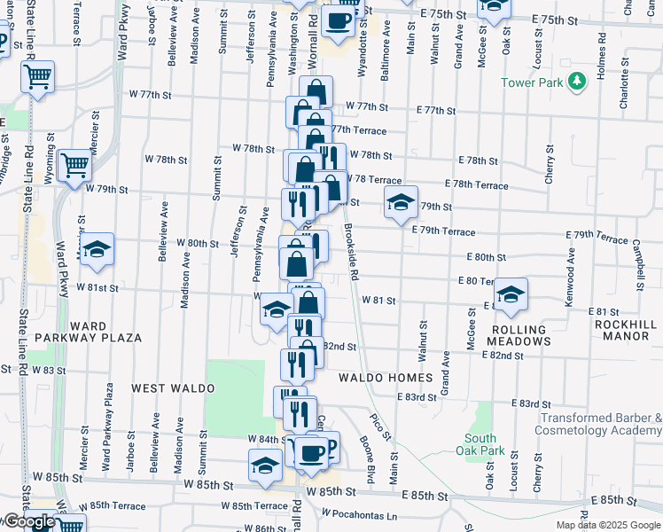 map of restaurants, bars, coffee shops, grocery stores, and more near 207 West 80th Terrace in Kansas City