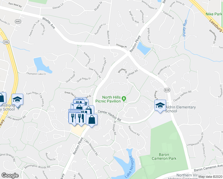 map of restaurants, bars, coffee shops, grocery stores, and more near 1303 Park Garden Lane in Reston