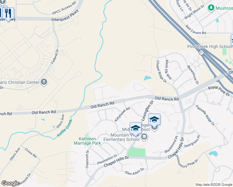map of restaurants, bars, coffee shops, grocery stores, and more near 2735 Stone Creek Road in Colorado Springs