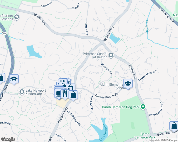 map of restaurants, bars, coffee shops, grocery stores, and more near 1303 Park Garden Lane in Reston