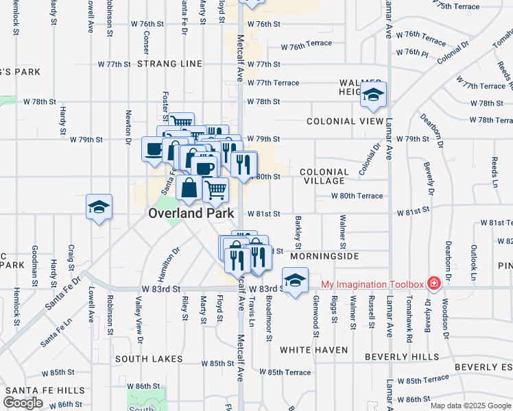 map of restaurants, bars, coffee shops, grocery stores, and more near 6927 West 81st Street in Overland Park
