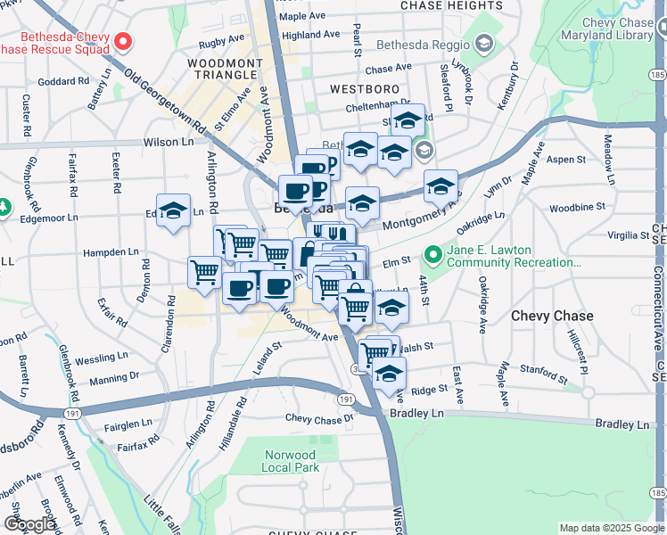 map of restaurants, bars, coffee shops, grocery stores, and more near 7315 Wisconsin Avenue in Bethesda