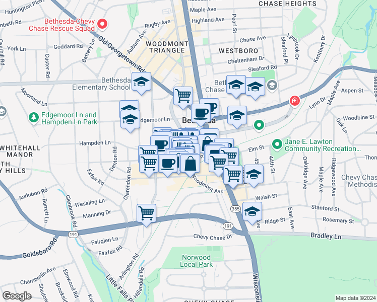 map of restaurants, bars, coffee shops, grocery stores, and more near 4818 Hampden Lane in Bethesda