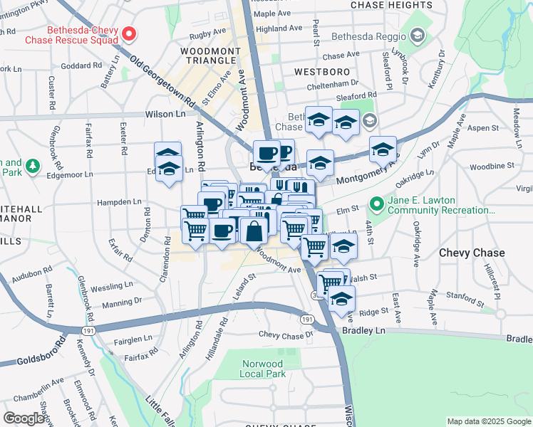 map of restaurants, bars, coffee shops, grocery stores, and more near 4800 Hampden Lane in Bethesda