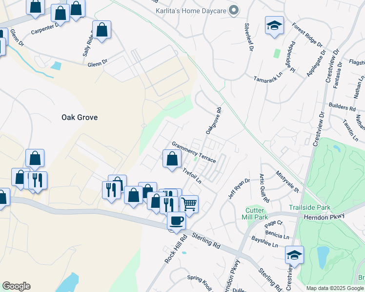 map of restaurants, bars, coffee shops, grocery stores, and more near 45988 Grammercy Terrace in Sterling