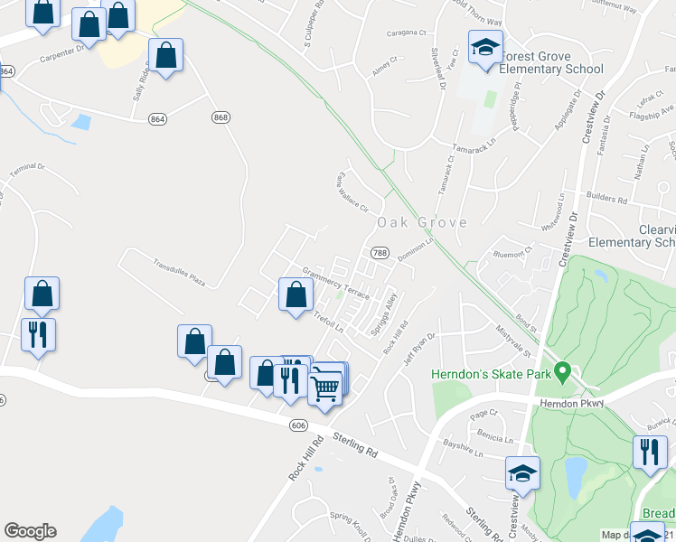 map of restaurants, bars, coffee shops, grocery stores, and more near 46023 Knight Terrace in Sterling