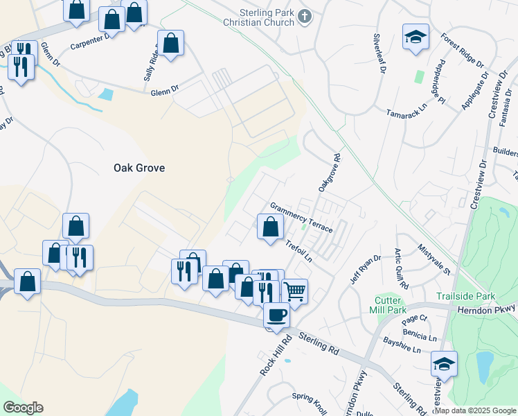 map of restaurants, bars, coffee shops, grocery stores, and more near 22895 Chestnut Oak Terrace in Sterling