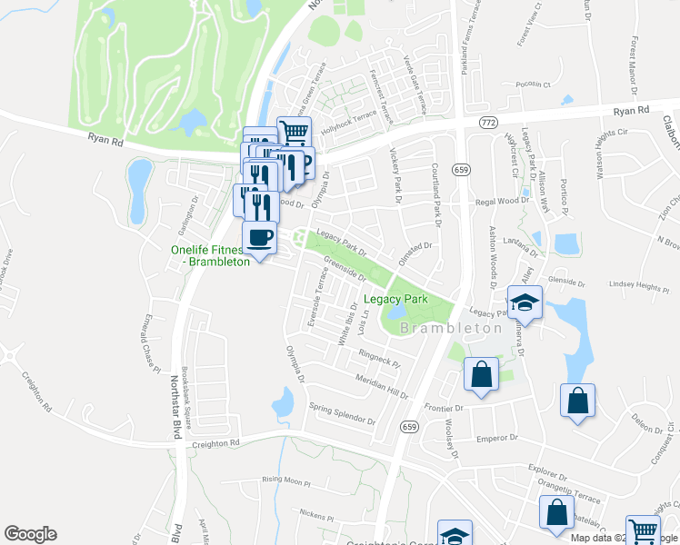 map of restaurants, bars, coffee shops, grocery stores, and more near 42461 Greenside Drive in Brambleton