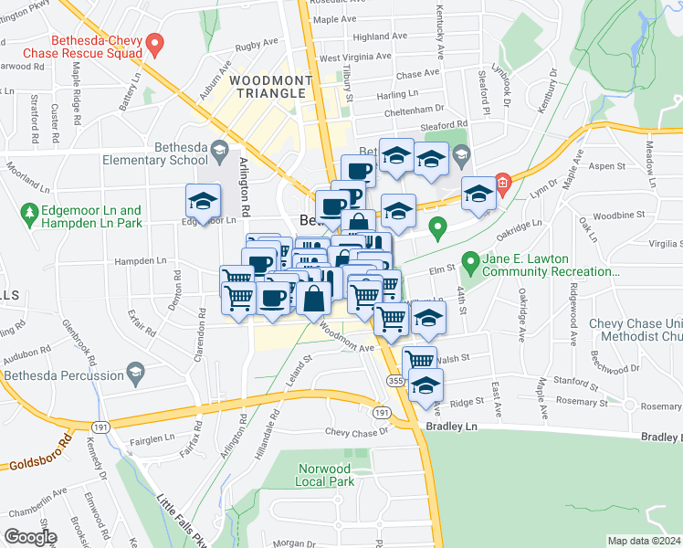 map of restaurants, bars, coffee shops, grocery stores, and more near 7316 Wisconsin Avenue in Bethesda