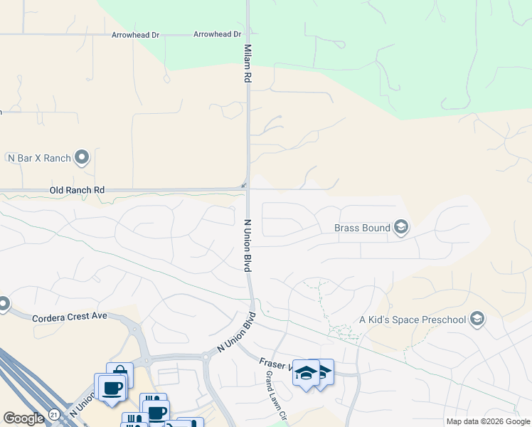 map of restaurants, bars, coffee shops, grocery stores, and more near 10444 Wrangell Cir in Colorado Springs