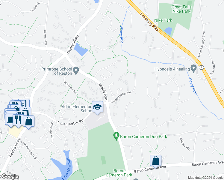 map of restaurants, bars, coffee shops, grocery stores, and more near 1281 Wedgewood Manor Way in Reston