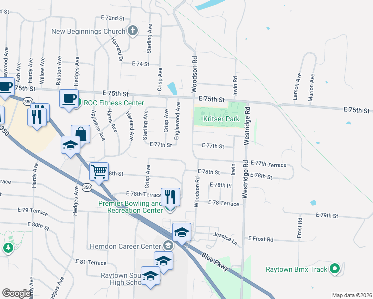 map of restaurants, bars, coffee shops, grocery stores, and more near 7710 Woodson Road in Raytown