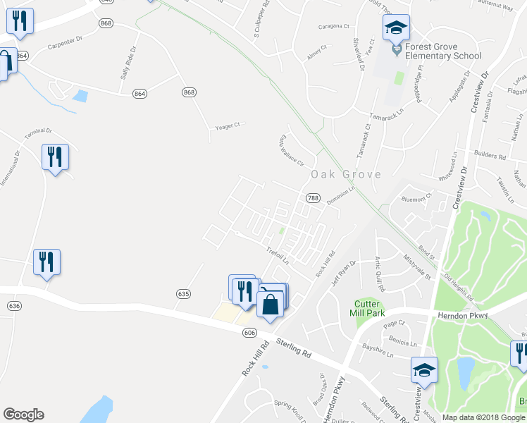 map of restaurants, bars, coffee shops, grocery stores, and more near 45988 Grammercy Terrace in Sterling