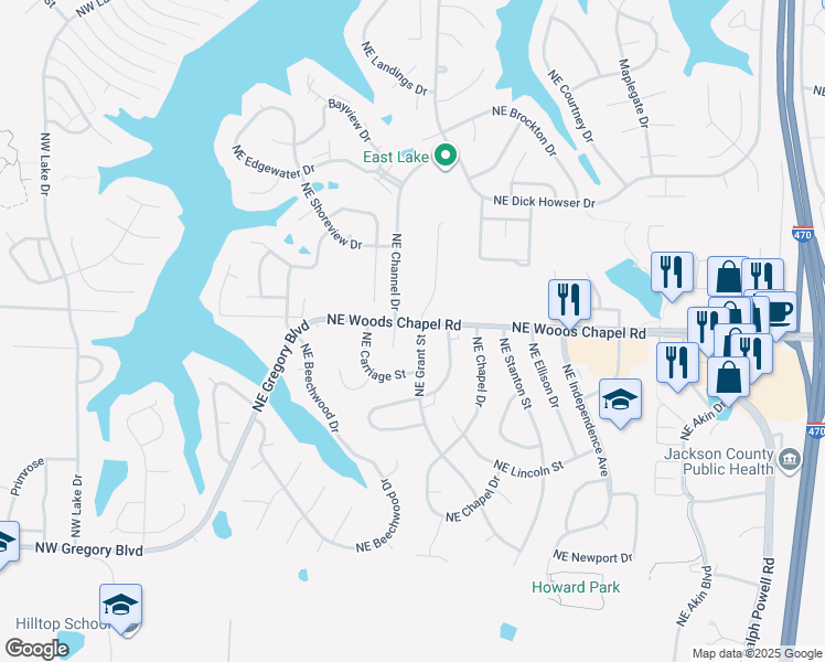 map of restaurants, bars, coffee shops, grocery stores, and more near 317 Northeast Woods Chapel Road in Lee's Summit