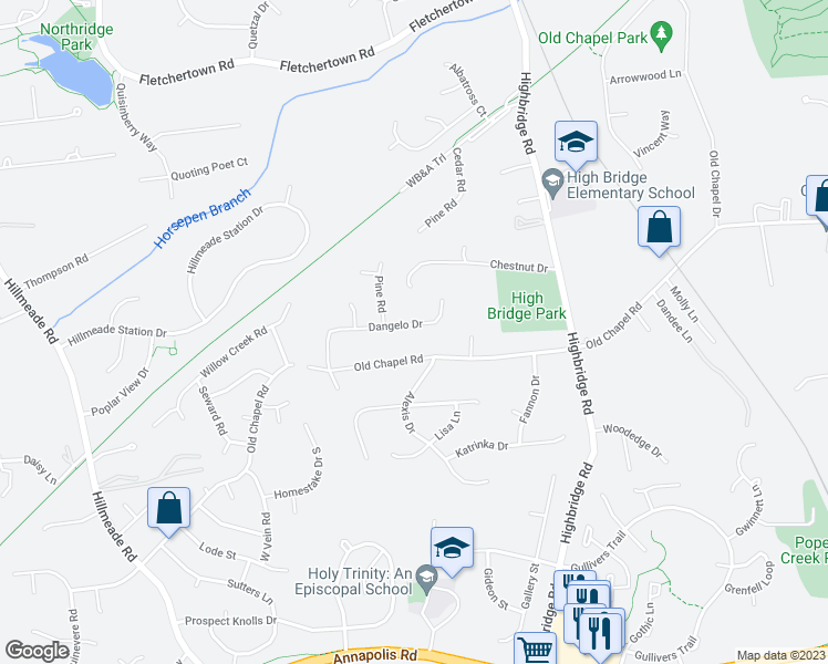 map of restaurants, bars, coffee shops, grocery stores, and more near 13223 Dangelo Drive in Bowie
