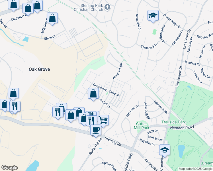 map of restaurants, bars, coffee shops, grocery stores, and more near 46023 Knight Terrace in Sterling