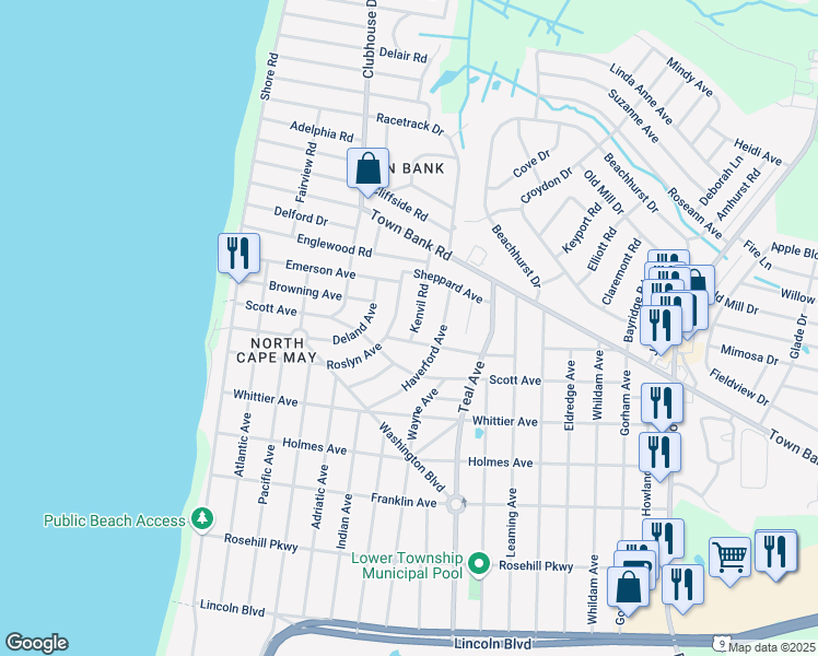 map of restaurants, bars, coffee shops, grocery stores, and more near 1007 Scott Avenue in North Cape May