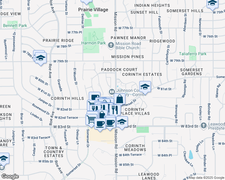 map of restaurants, bars, coffee shops, grocery stores, and more near 8100 Mission Road in Prairie Village