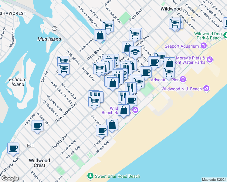 map of restaurants, bars, coffee shops, grocery stores, and more near 201 Cape May 661 in Wildwood